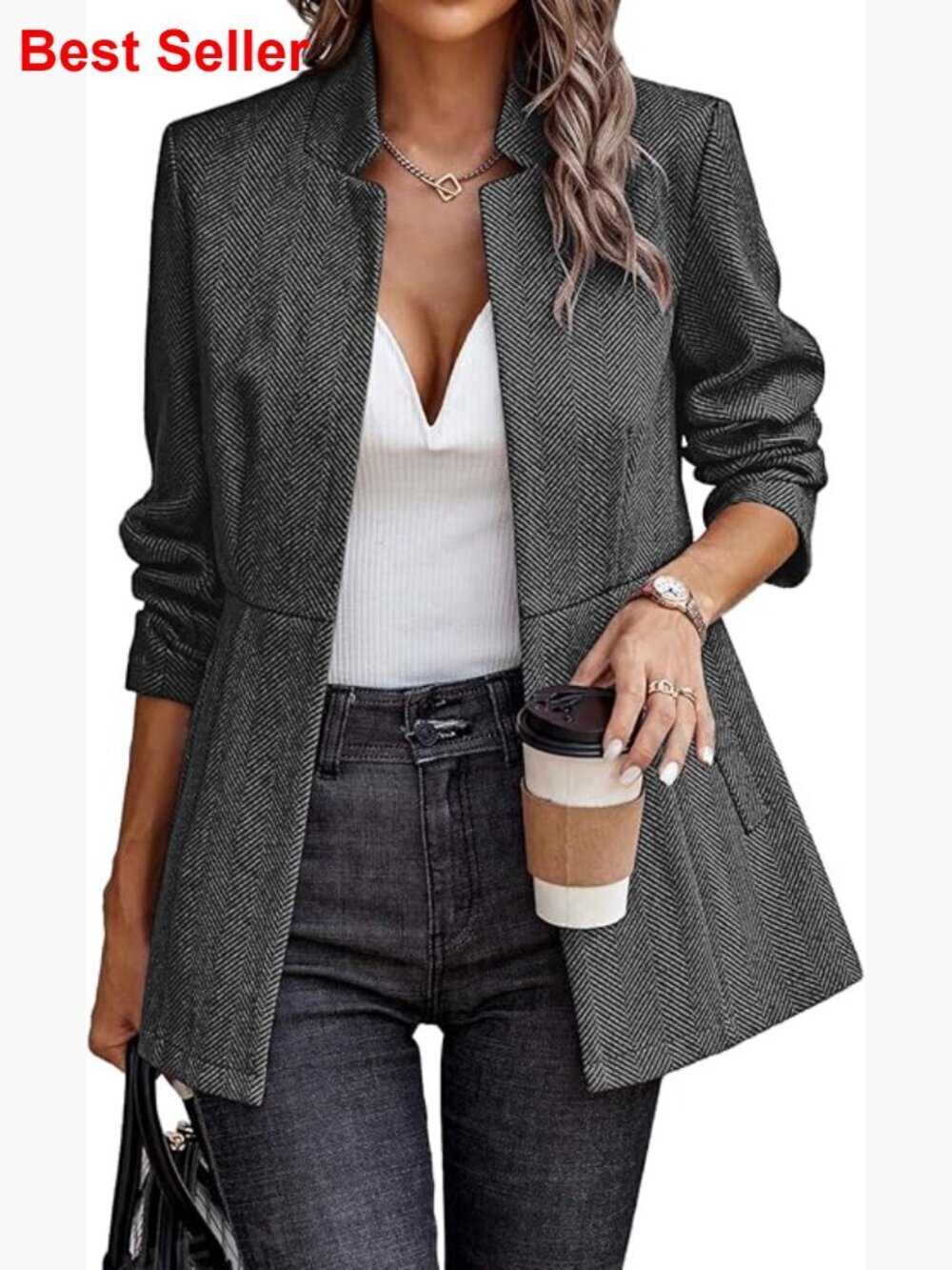 Open Front Herringbone Blazer with Padded Shoulders and Full Lining